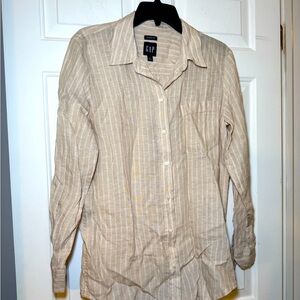 Gap Woman’s Boyfriend Shirt Linen Tan And Ivory Stripe Button Up Small Collar